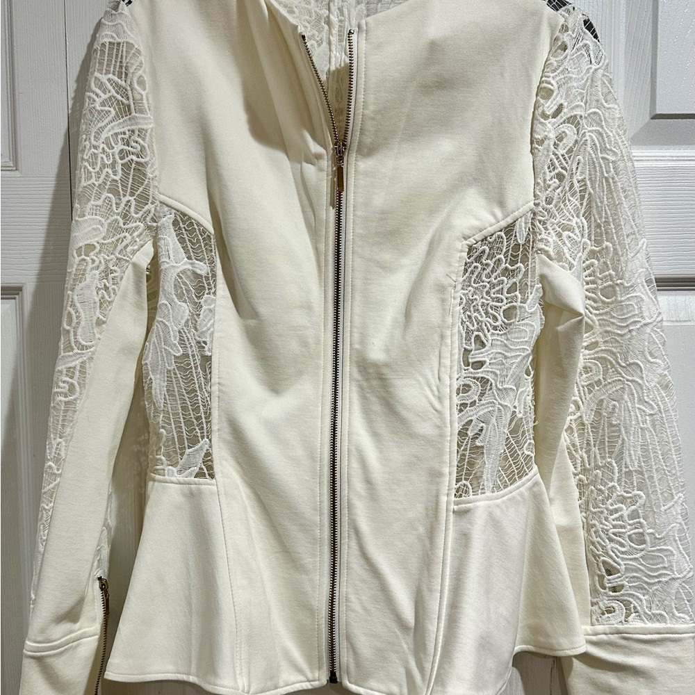 XOXO Ivory Intricate Sleeve Details Peplum Blazer